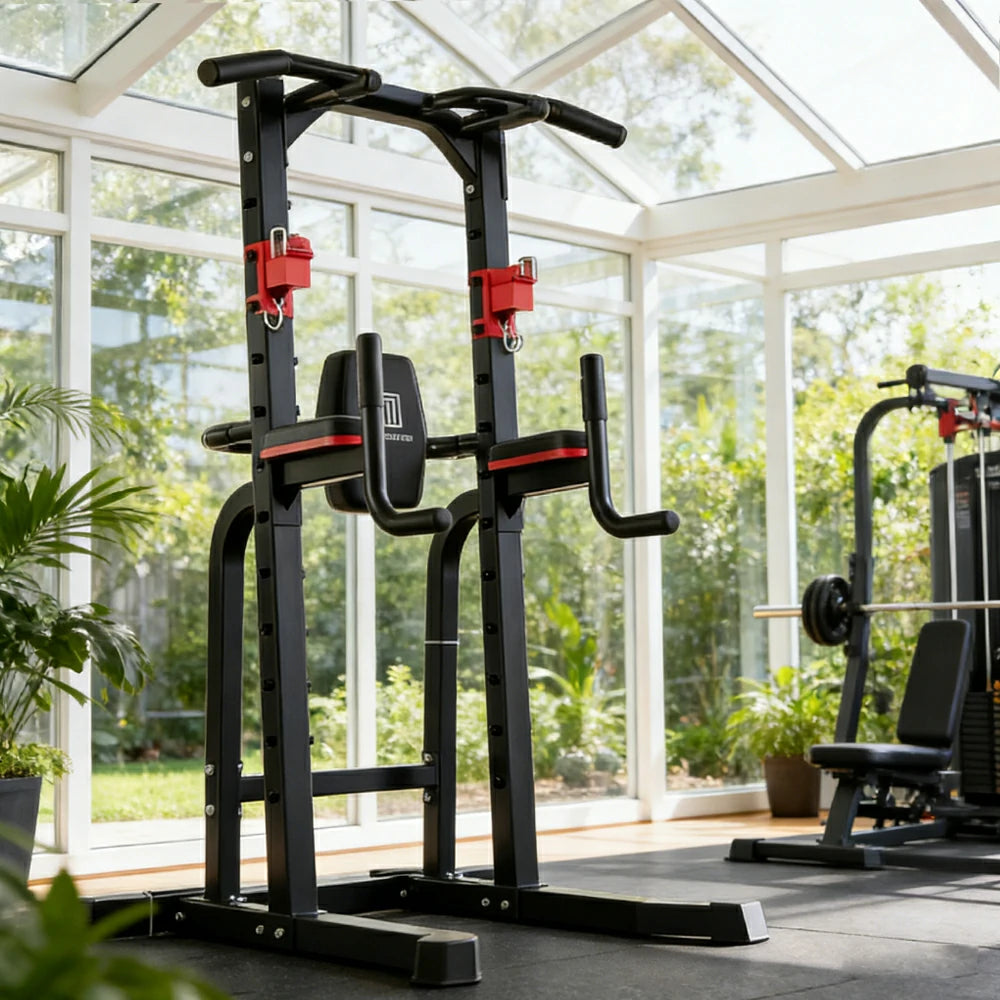 FITPRO Pull Up Station Multi-Function Training Heavy Duty Steel T-Base 206cm Home Gym Strength Equipment - Black&Red