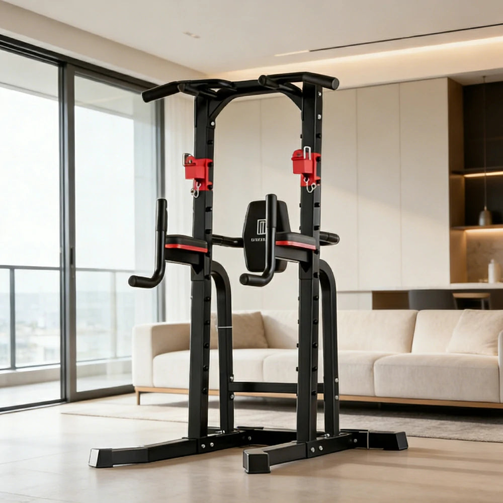 FITPRO Pull Up Station Multi-Function Training Heavy Duty Steel T-Base 206cm Home Gym Strength Equipment - Black&Red