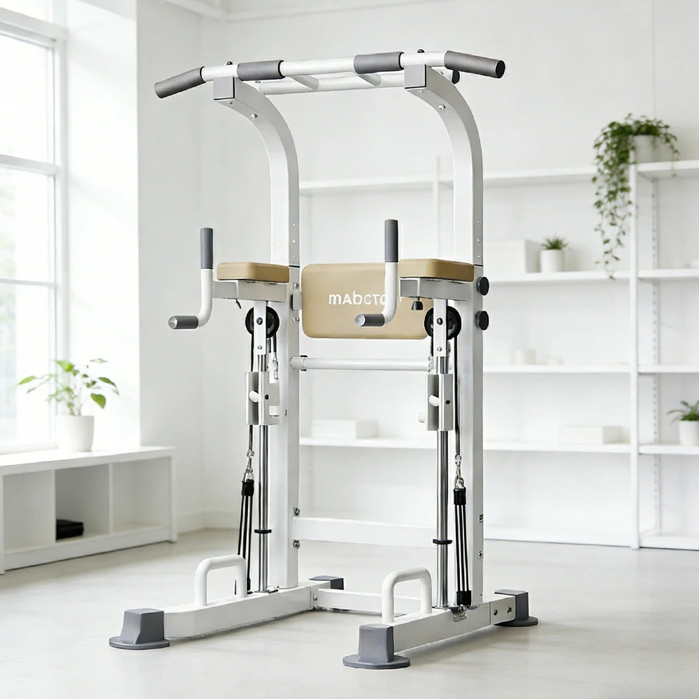 FITPRO Power Tower Pull Up Bar Station Adjustable Height Heavy Duty Steel Frame Multi-Function Strength Training Home Gym - White