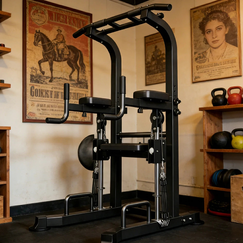 FITPRO Power Tower Pull Up Bar Station Adjustable Height Heavy Duty Steel Frame Multi-Function Strength Training Home Gym - Black