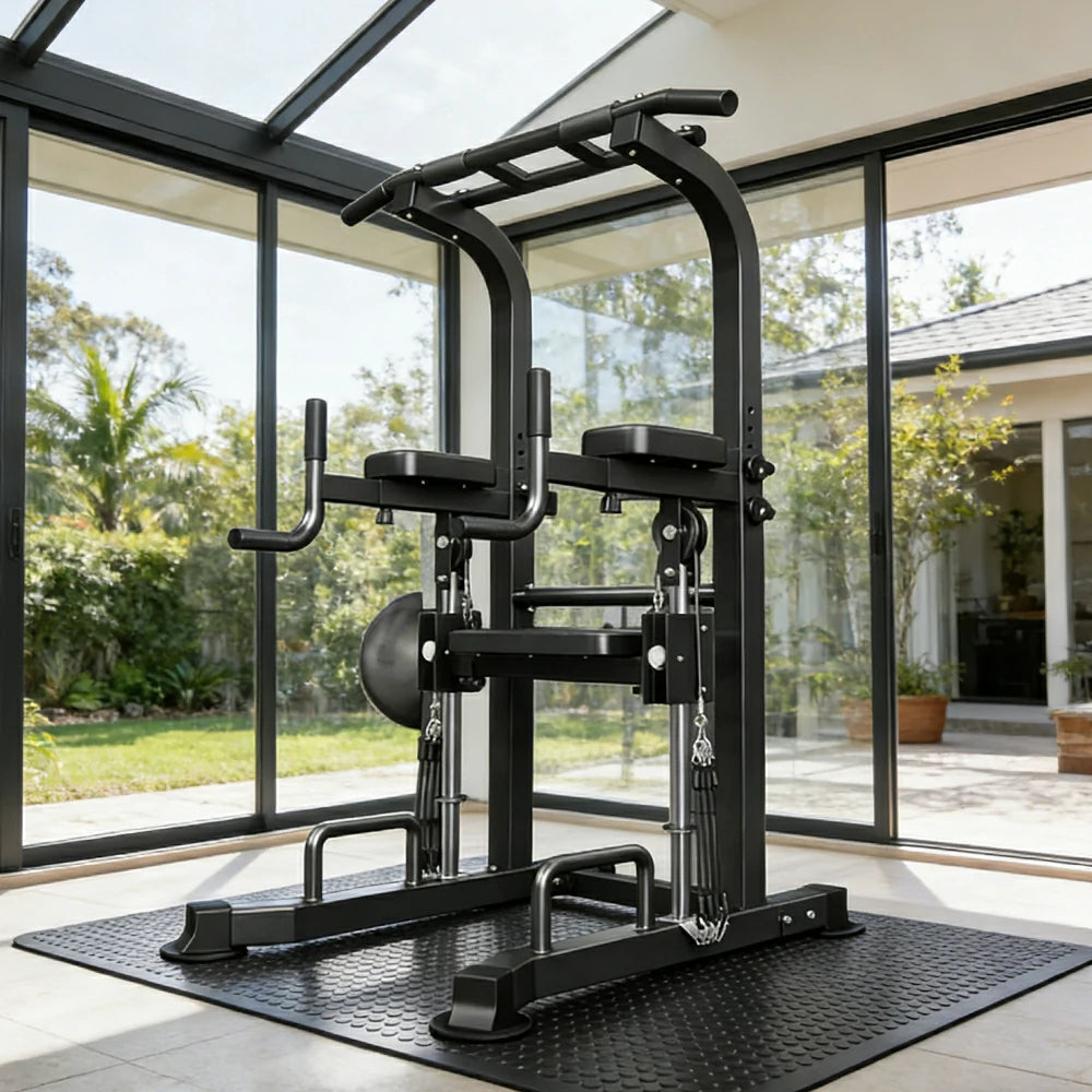 FITPRO Power Tower Pull Up Bar Station Adjustable Height Heavy Duty Steel Frame Multi-Function Strength Training Home Gym - Black