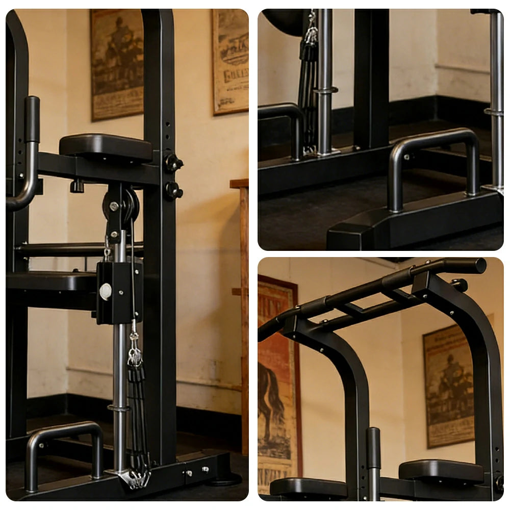 FITPRO Power Tower Pull Up Bar Station Adjustable Height Heavy Duty Steel Frame Multi-Function Strength Training Home Gym - Black