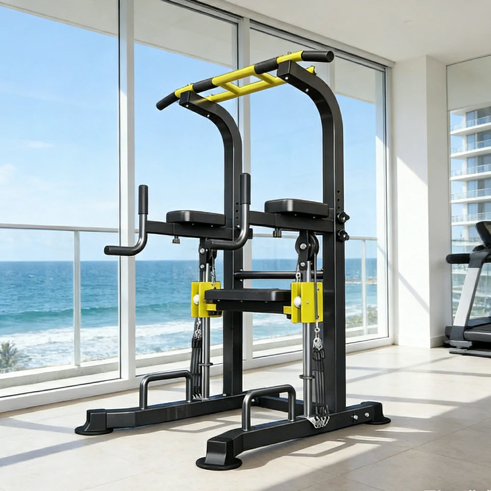 FITPRO Power Tower Pull Up Bar Station Adjustable Height Heavy Duty Steel Frame Multi-Function Strength Training Home Gym - Black&Yellow
