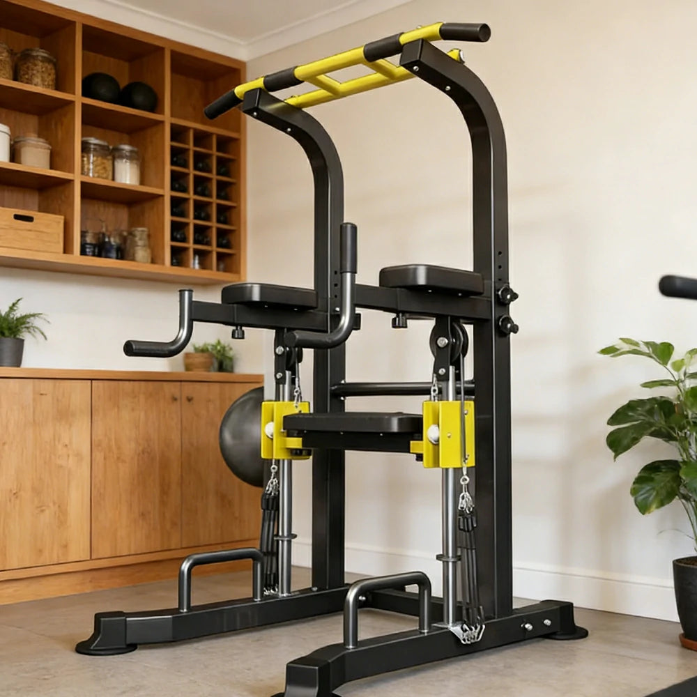 FITPRO Power Tower Pull Up Bar Station Adjustable Height Heavy Duty Steel Frame Multi-Function Strength Training Home Gym - Black&Yellow