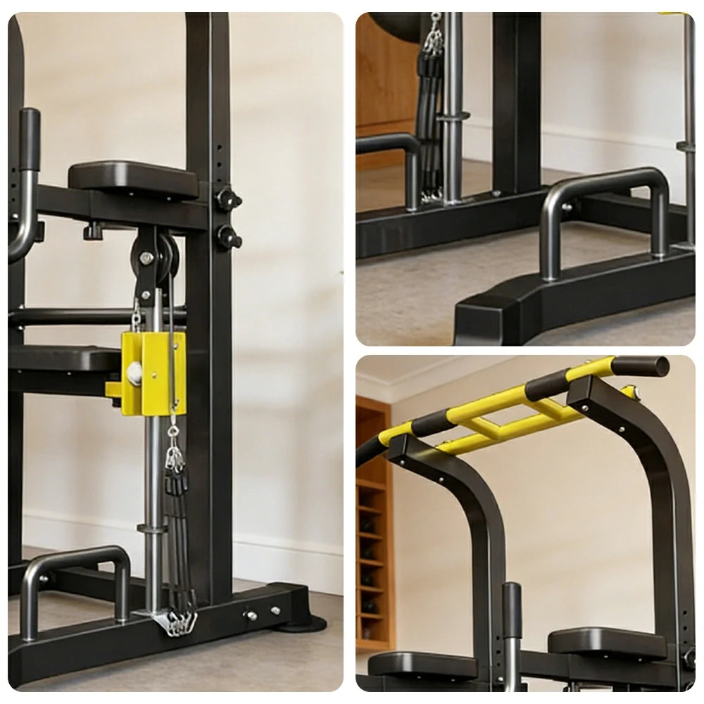 FITPRO Power Tower Pull Up Bar Station Adjustable Height Heavy Duty Steel Frame Multi-Function Strength Training Home Gym - Black&Yellow