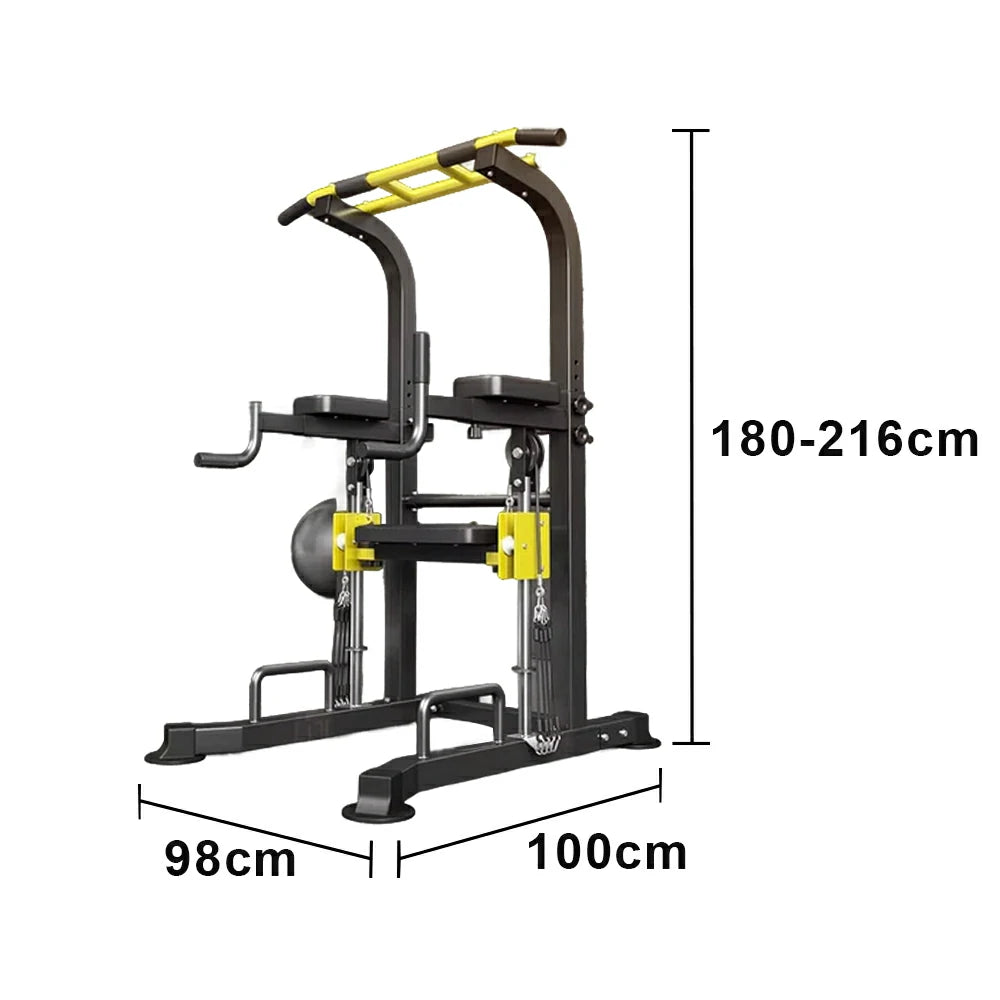 FITPRO Power Tower Pull Up Bar Station Adjustable Height Heavy Duty Steel Frame Multi-Function Strength Training Home Gym - Black&Yellow