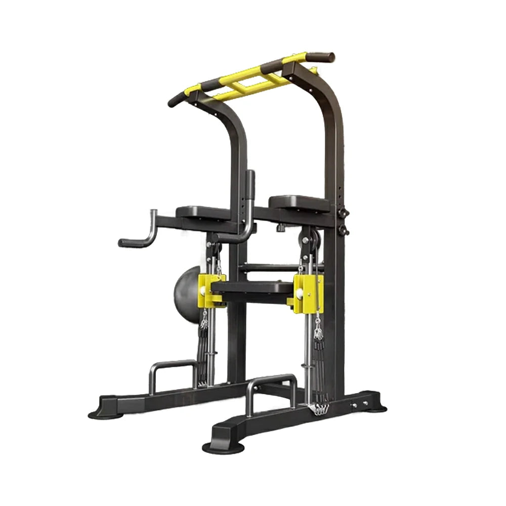 FITPRO Power Tower Pull Up Bar Station Adjustable Height Heavy Duty Steel Frame Multi-Function Strength Training Home Gym - Black&Yellow