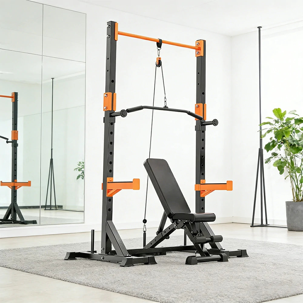 FITPRO Power Rack Home Gym Set Full Body Training System Adjustable Bench Barbell Compact Garage Fitness - Black&Orange