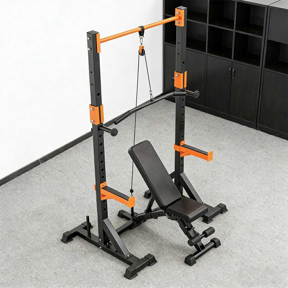 FITPRO Power Rack Home Gym Set Full Body Training System Adjustable Bench Barbell Compact Garage Fitness - Black&Orange