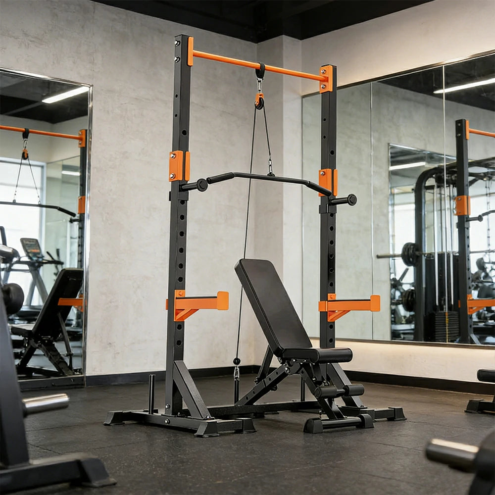 FITPRO Power Rack Home Gym Set Full Body Training System Adjustable Bench Barbell Compact Garage Fitness - Black&Orange