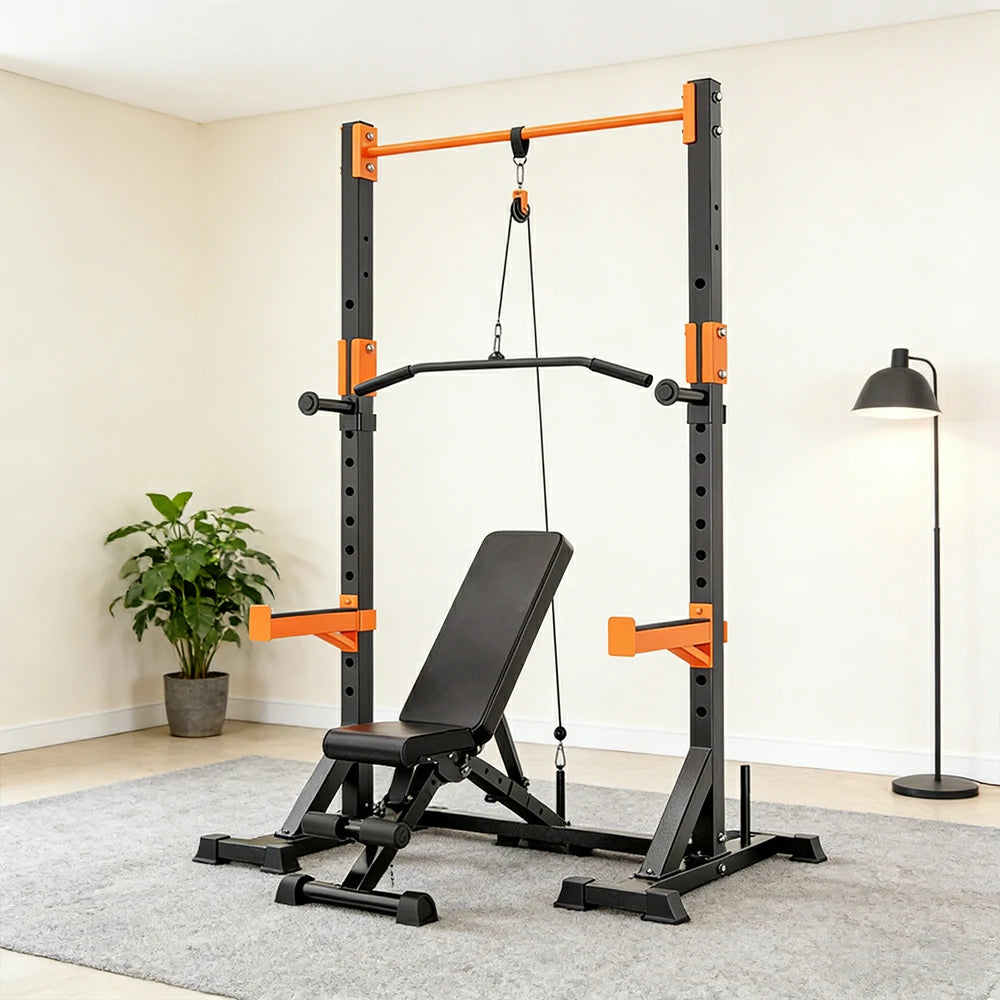 FITPRO Power Rack Home Gym Set Full Body Training System Adjustable Bench Barbell Compact Garage Fitness - Black&Orange