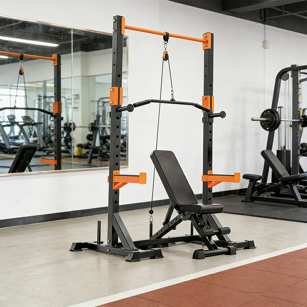 FITPRO Power Rack Home Gym Set Full Body Training System Adjustable Bench Barbell Compact Garage Fitness - Black&Orange