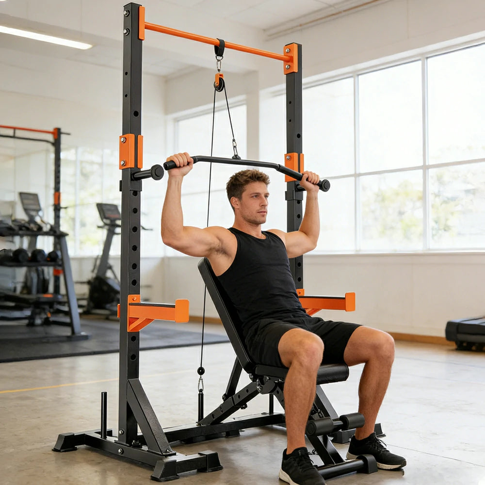 FITPRO Power Rack Home Gym Set Full Body Training System Adjustable Bench Barbell Compact Garage Fitness - Black&Orange