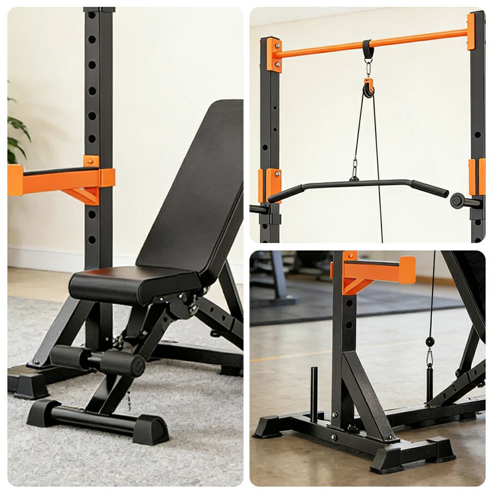 FITPRO Power Rack Home Gym Set Full Body Training System Adjustable Bench Barbell Compact Garage Fitness - Black&Orange