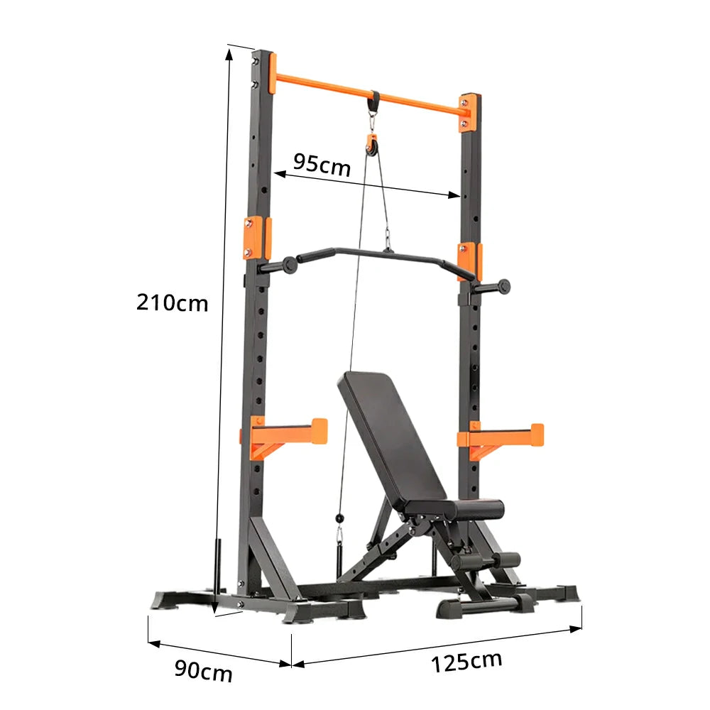 FITPRO Power Rack Home Gym Set Full Body Training System Adjustable Bench Barbell Compact Garage Fitness - Black&Orange