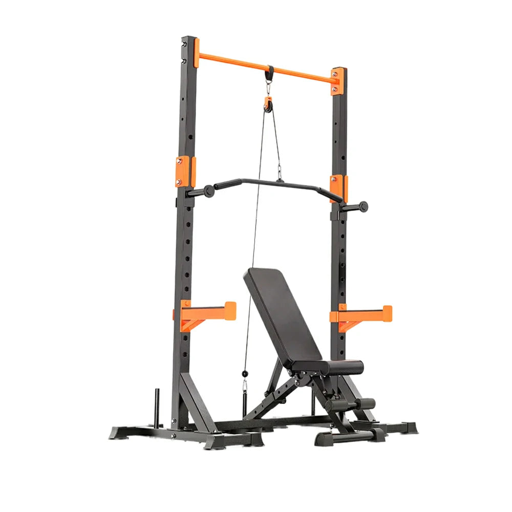 FITPRO Power Rack Home Gym Set Full Body Training System Adjustable Bench Barbell Compact Garage Fitness - Black&Orange
