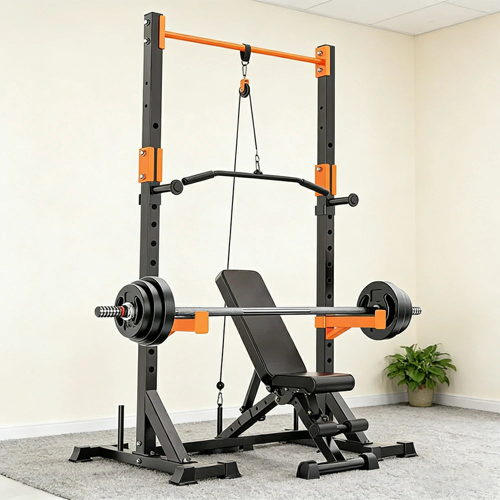 FITPRO Power Rack Home Gym Set Full Body Training System Adjustable Bench Barbell Compact Garage Fitness - Black&Orange