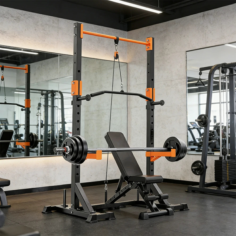 FITPRO Power Rack Home Gym Set Full Body Training System Adjustable Bench Barbell Compact Garage Fitness - Black&Orange