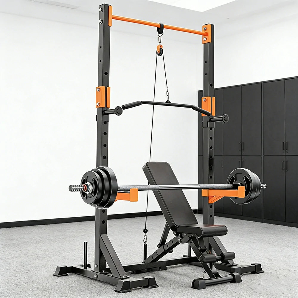 FITPRO Power Rack Home Gym Set Full Body Training System Adjustable Bench Barbell Compact Garage Fitness - Black&Orange