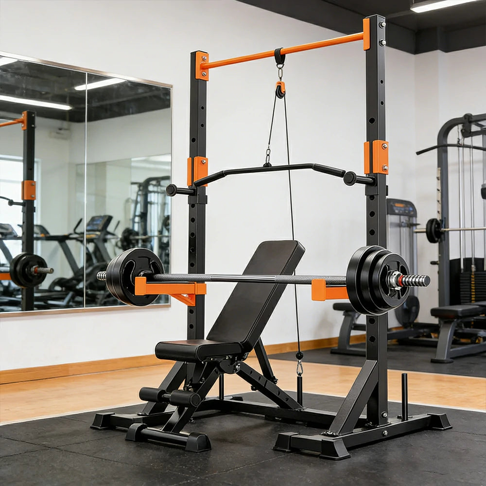 FITPRO Power Rack Home Gym Set Full Body Training System Adjustable Bench Barbell Compact Garage Fitness - Black&Orange