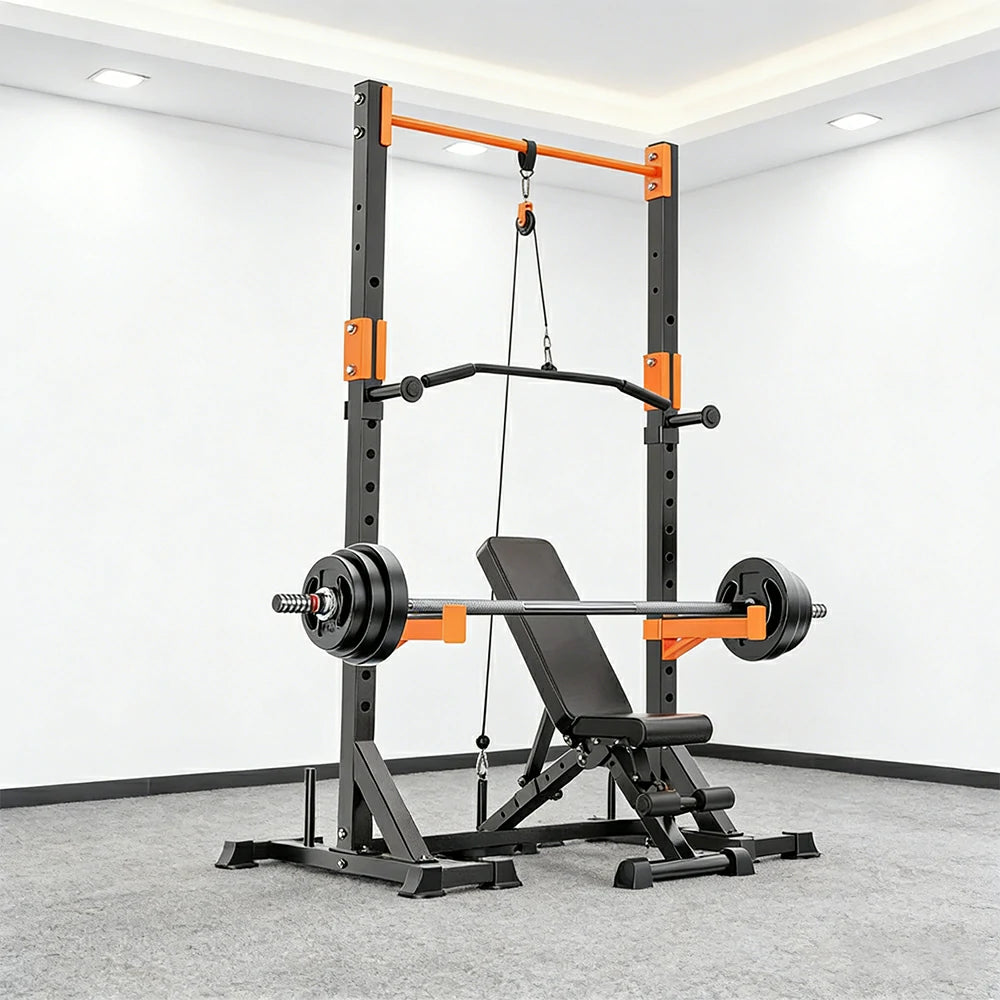 FITPRO Power Rack Home Gym Set Full Body Training System Adjustable Bench Barbell Compact Garage Fitness - Black&Orange