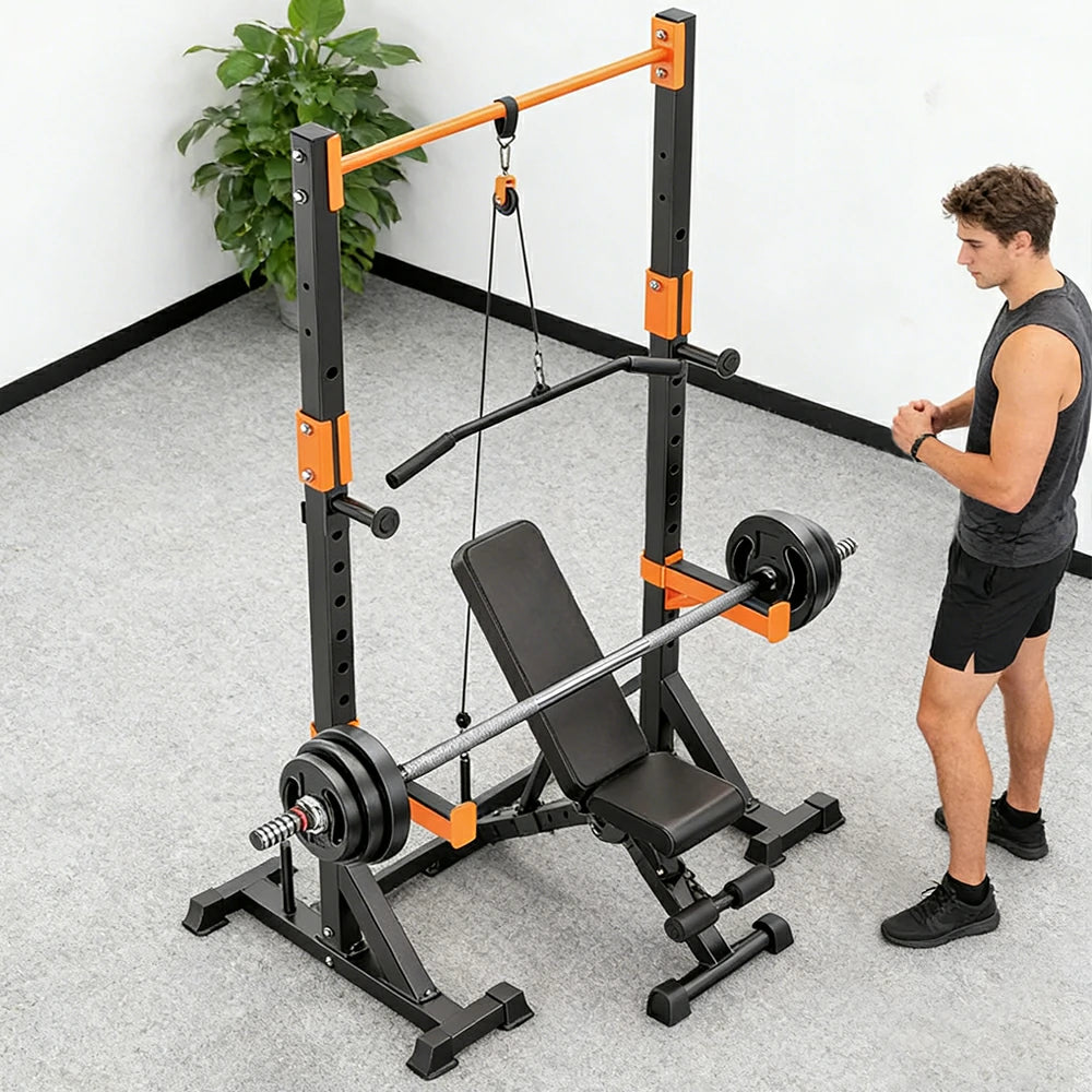 FITPRO Power Rack Home Gym Set Full Body Training System Adjustable Bench Barbell Compact Garage Fitness - Black&Orange