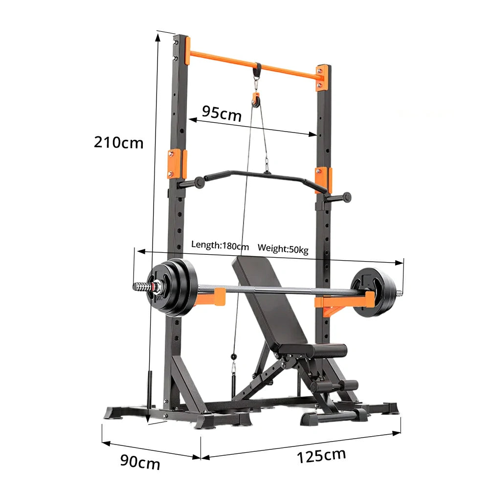 FITPRO Power Rack Home Gym Set Full Body Training System Adjustable Bench Barbell Compact Garage Fitness - Black&Orange