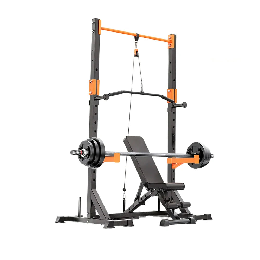 FITPRO Power Rack Home Gym Set Full Body Training System Adjustable Bench Barbell Compact Garage Fitness - Black&Orange