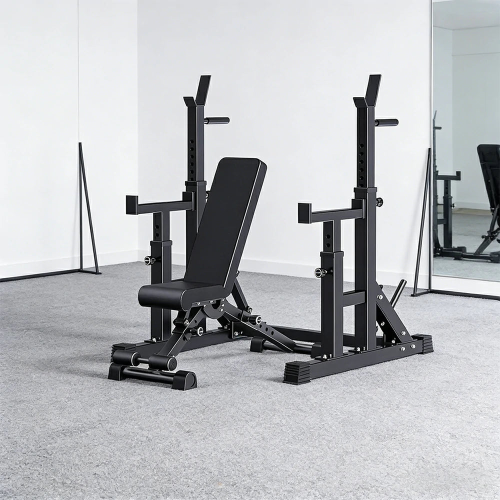 FITPRO Adjustable Squat Rack Barbell Stand Foldable 350kg Capacity Home Gym Compact Training - Black