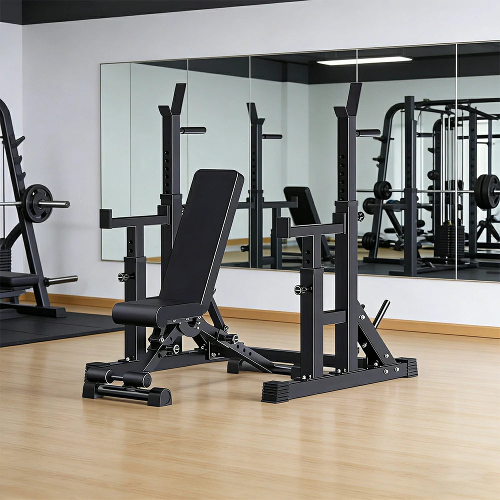 FITPRO Adjustable Squat Rack Barbell Stand Foldable 350kg Capacity Home Gym Compact Training - Black
