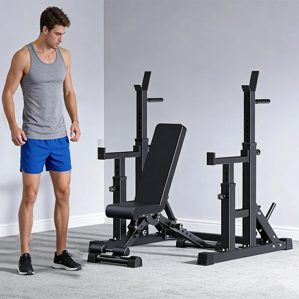 FITPRO Adjustable Squat Rack Barbell Stand Foldable 350kg Capacity Home Gym Compact Training - Black