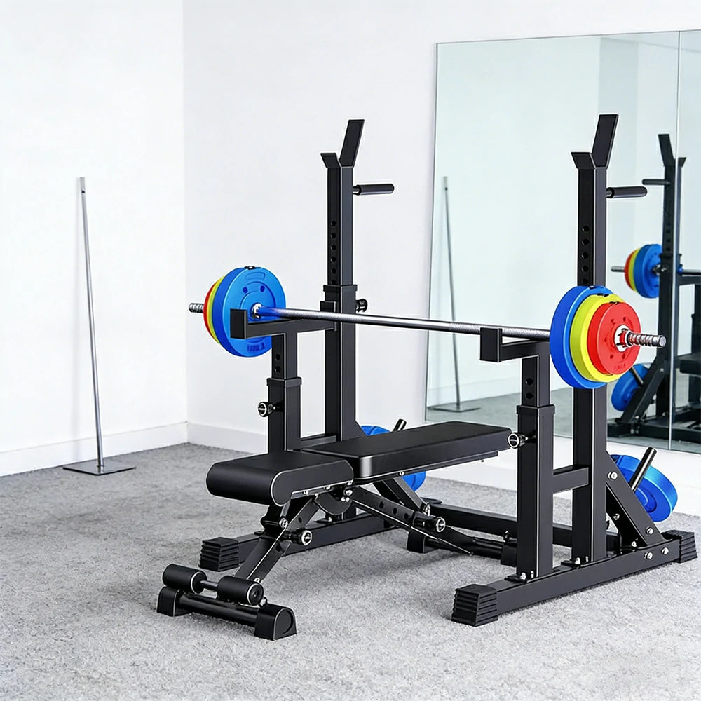 FITPRO Adjustable Squat Rack Barbell Stand Foldable 350kg Capacity with 50kg Colour Eco Barbell Home Gym Training - Black
