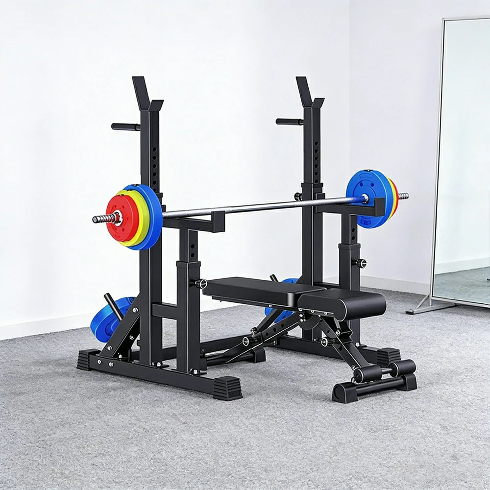 FITPRO Adjustable Squat Rack Barbell Stand Foldable 350kg Capacity with 50kg Colour Eco Barbell Home Gym Training - Black