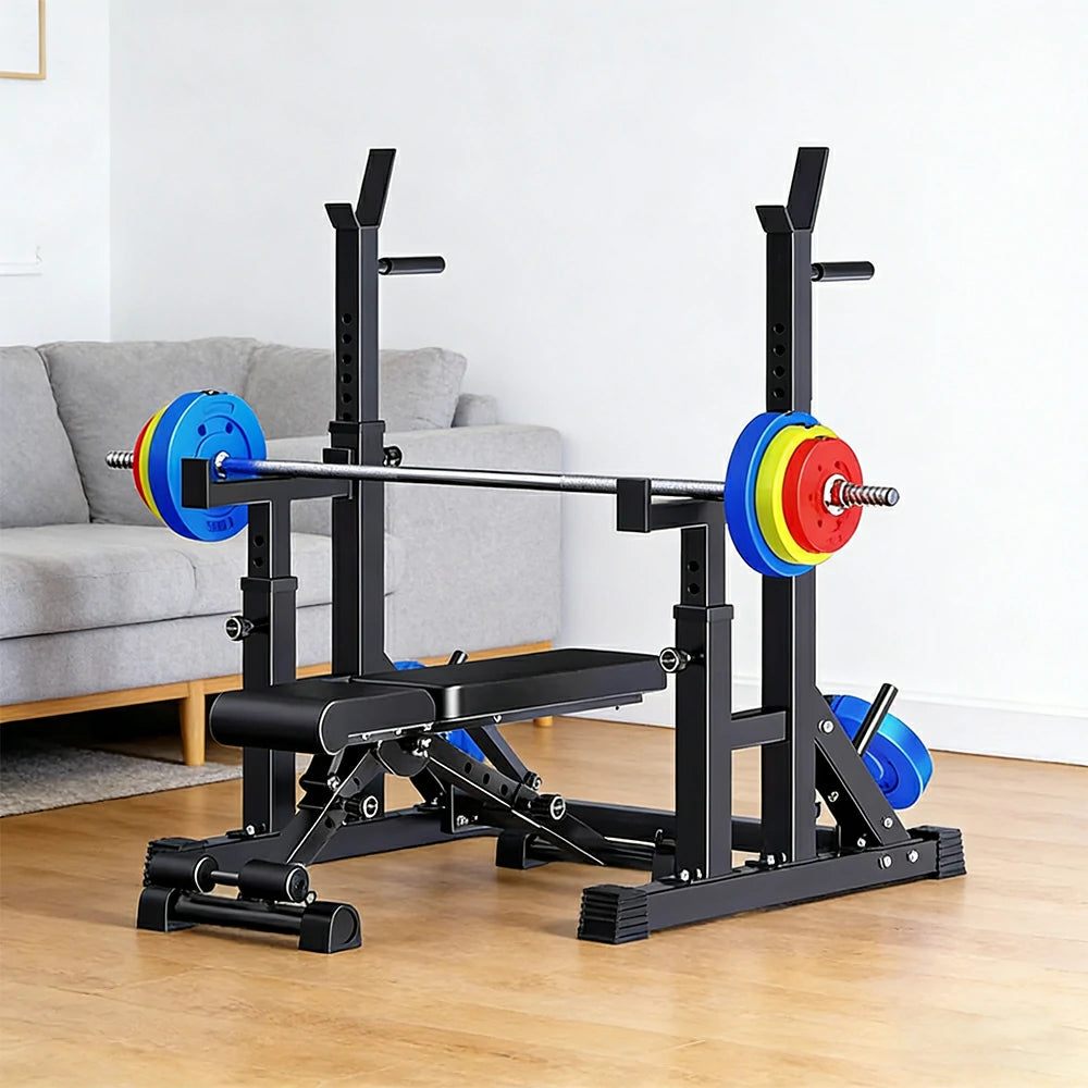 FITPRO Adjustable Squat Rack Barbell Stand Foldable 350kg Capacity with 50kg Colour Eco Barbell Home Gym Training - Black