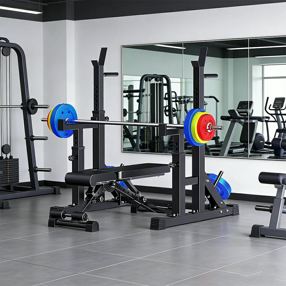 FITPRO Adjustable Squat Rack Barbell Stand Foldable 350kg Capacity with 50kg Colour Eco Barbell Home Gym Training - Black