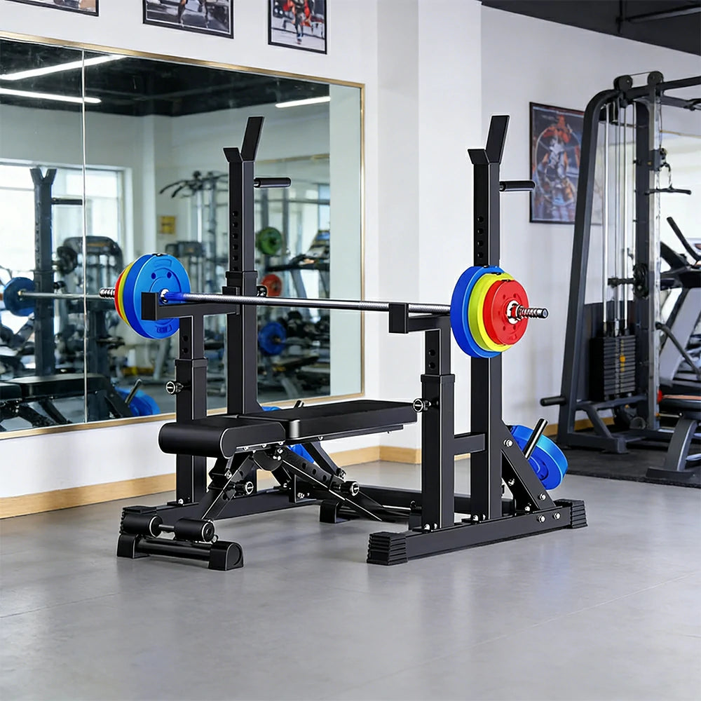 FITPRO Adjustable Squat Rack Barbell Stand Foldable 350kg Capacity with 50kg Colour Eco Barbell Home Gym Training - Black