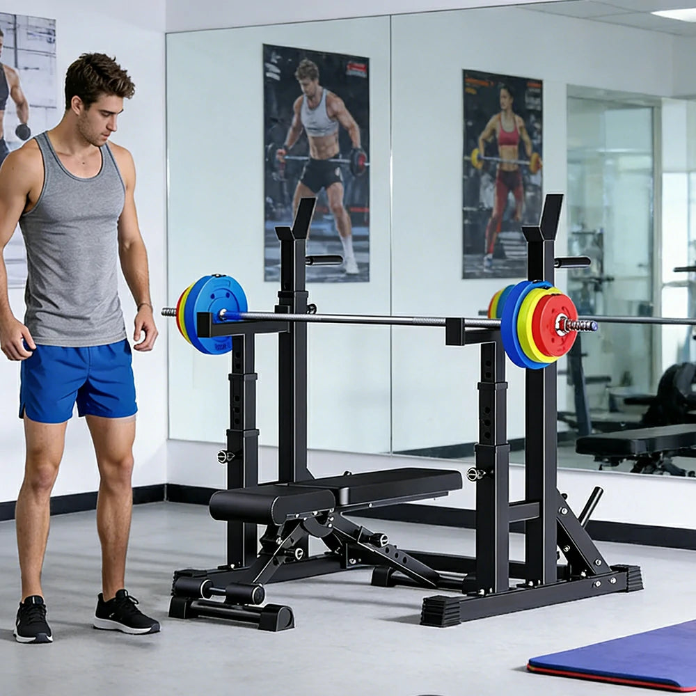 FITPRO Adjustable Squat Rack Barbell Stand Foldable 350kg Capacity with 50kg Colour Eco Barbell Home Gym Training - Black