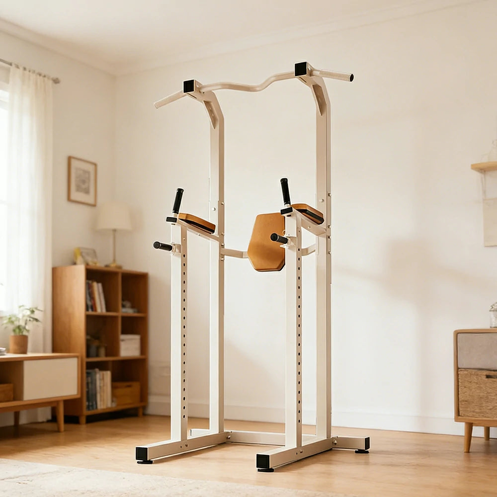 FITPRO Power Tower Pull Up Dip Station Adjustable Multi Function Home Gym Compact Strength Training - White