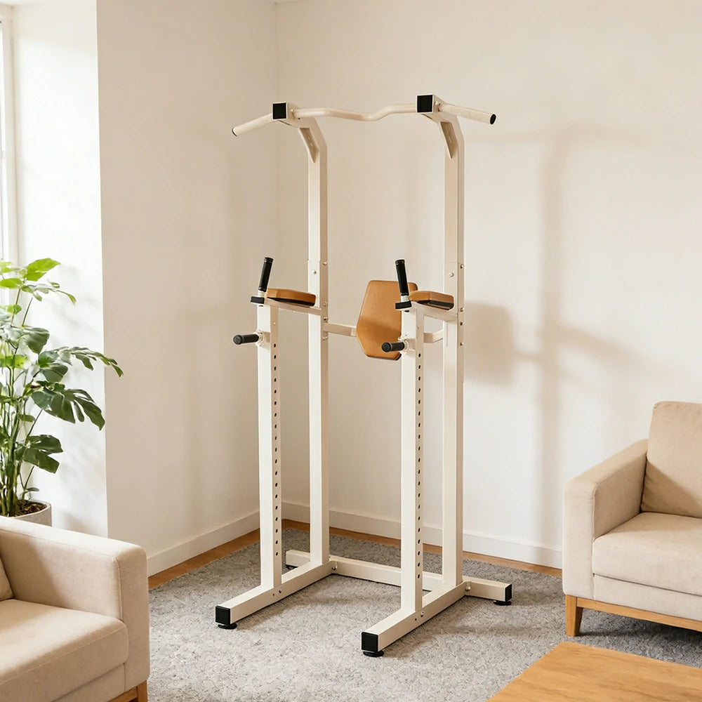 FITPRO Power Tower Pull Up Dip Station Adjustable Multi Function Home Gym Compact Strength Training - White
