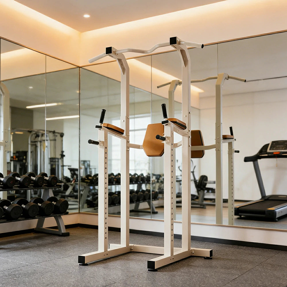 FITPRO Power Tower Pull Up Dip Station Adjustable Multi Function Home Gym Compact Strength Training - White