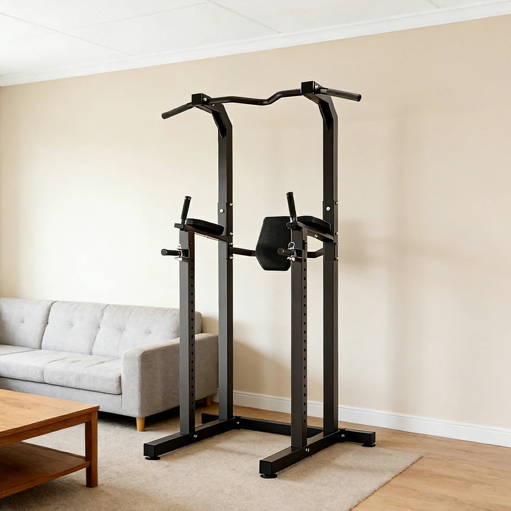 FITPRO Power Tower Pull Up Dip Station Adjustable Multi Function Home Gym Compact Strength Training - Black