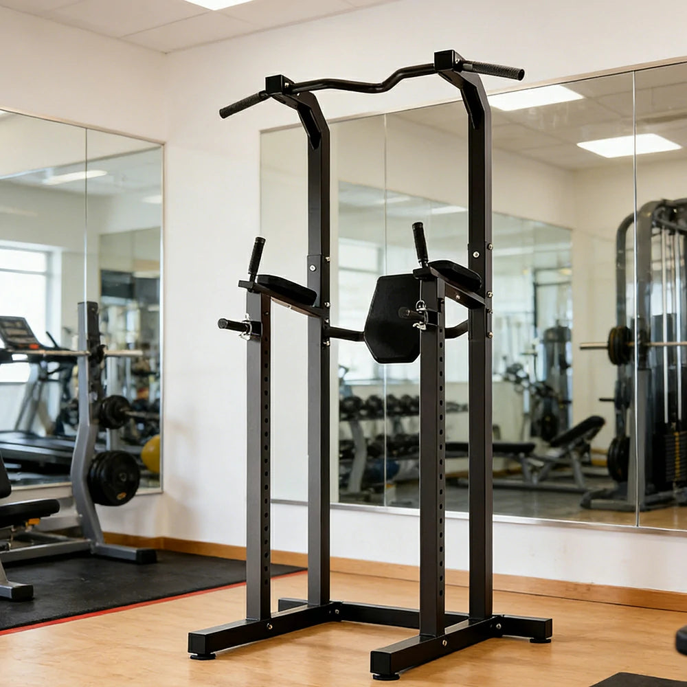 FITPRO Power Tower Pull Up Dip Station Adjustable Multi Function Home Gym Compact Strength Training - Black