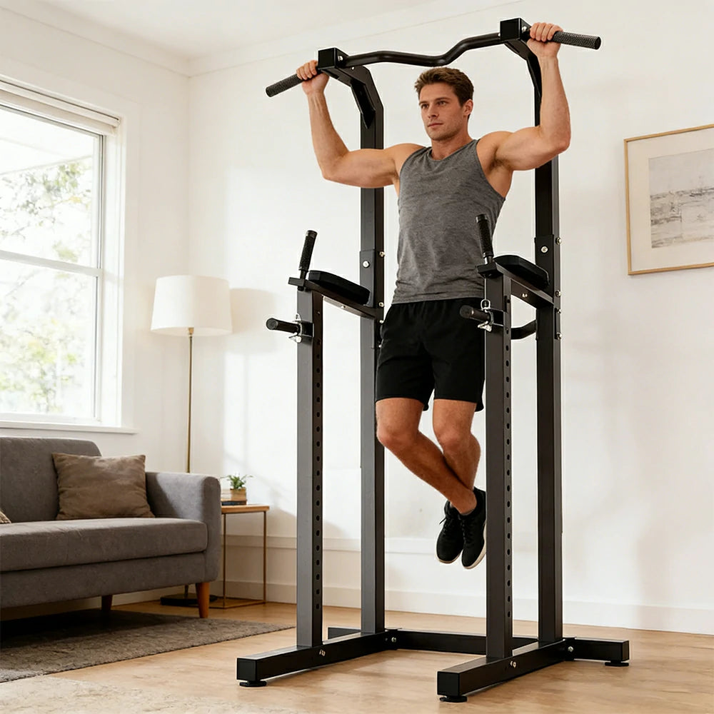 FITPRO Power Tower Pull Up Dip Station Adjustable Multi Function Home Gym Compact Strength Training - Black