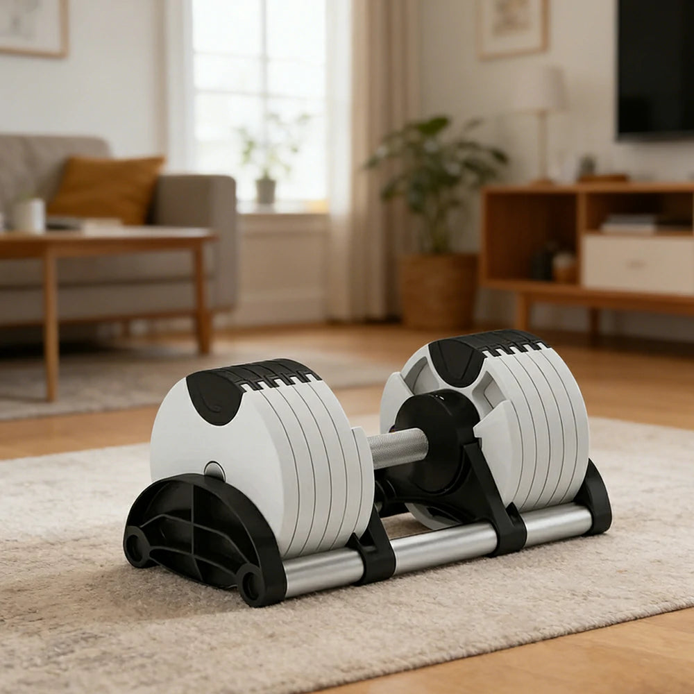 FITPRO Adjustable Dumbbell Set Quick Change Multi Weight Home Gym Compact Strength Training - White