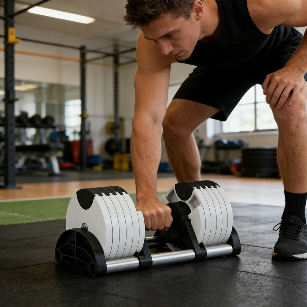 FITPRO Adjustable Dumbbell Set Quick Change Multi Weight Home Gym Compact Strength Training - White