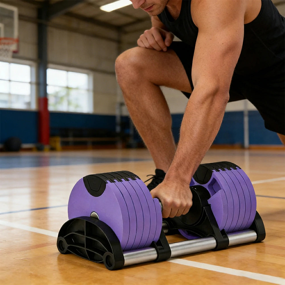 FITPRO Adjustable Dumbbell Set Quick Change Multi Weight Home Gym Compact Strength Training - Purple