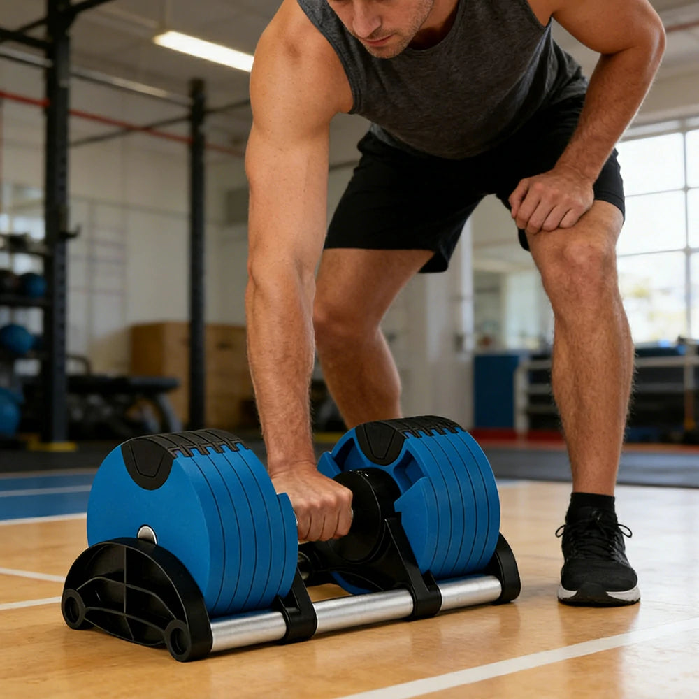 FITPRO Adjustable Dumbbell Set Quick Change Multi Weight Home Gym Compact Strength Training - Blue