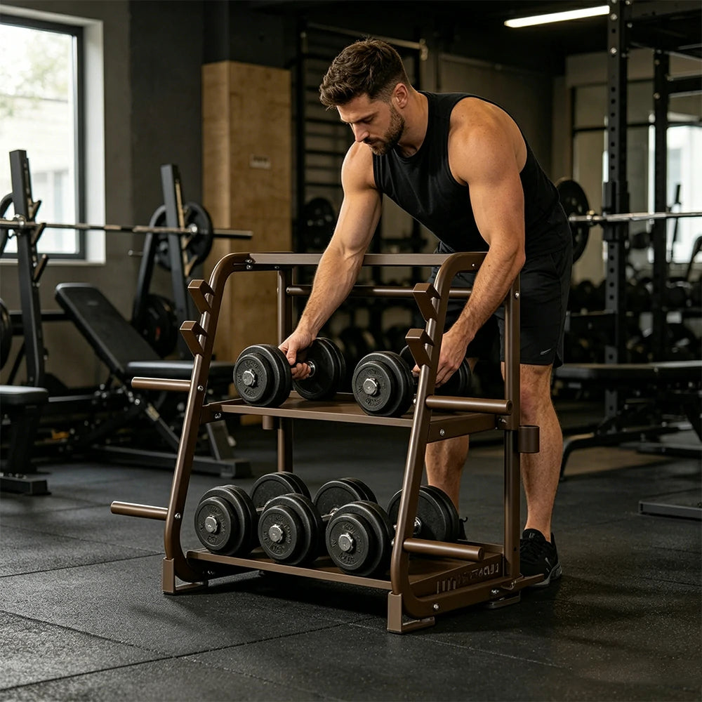 FITPRO Dumbbell Storage Rack 3 Tier Multi Function Large Capacity Home Gym Space Saving Organizer - Coffee
