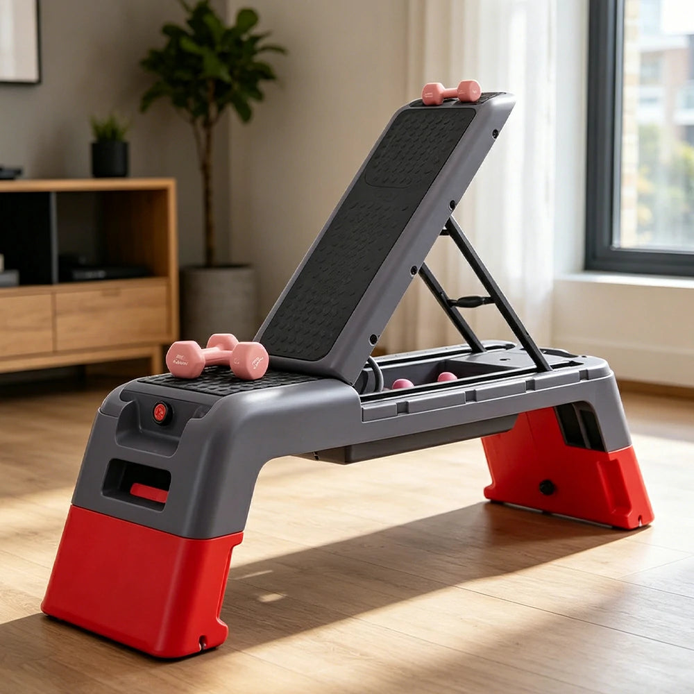 FITPRO Multi-Functional Step Bench with Adjustable Angles, Foldable Storage for Home Fitness Training - Red&Grey