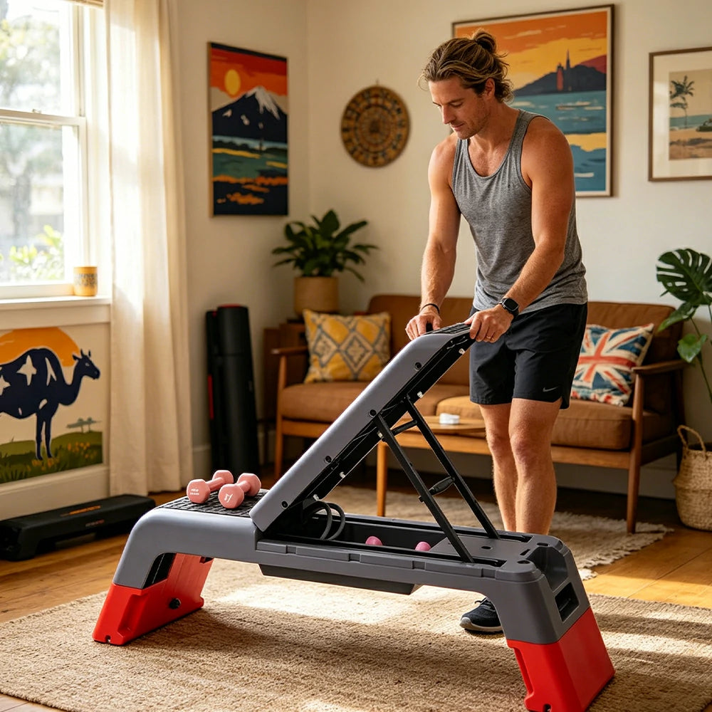 FITPRO Multi-Functional Step Bench with Adjustable Angles, Foldable Storage for Home Fitness Training - Red&Grey